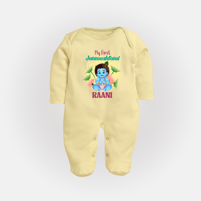 Celebrate My First Janmashtami | Custom  Sleep Suit/Full Sleeve Body Suit for Krishna's Birth - PASTEL YELLOW - New Born (Chest 7.5")