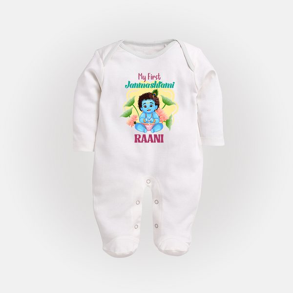 Celebrate My First Janmashtami | Custom  Sleep Suit/Full Sleeve Body Suit for Krishna's Birth - WHITE - New Born (Chest 7.5")