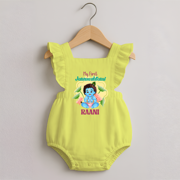 Celebrate My First Janmashtami | Custom  Romper Frock for Krishna's Birth - PASTEL YELLOW - 0 - 3 Months Old (Chest 19")