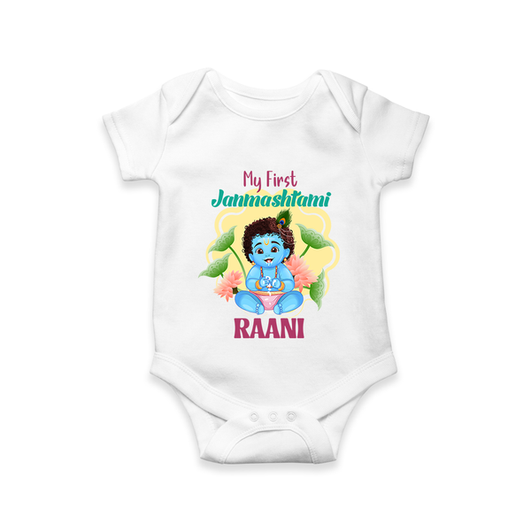 Celebrate My First Janmashtami | Custom  Romper/Onesie for Krishna's Birth - WHITE - New Born (Chest 14")