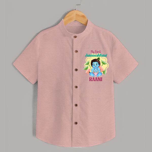 Celebrate My First Janmashtami | Custom  Shirt for Krishna's Birth - PEACH - 0 - 6 Months Old (Chest 23")