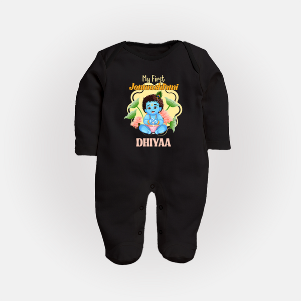 Celebrate My First Janmashtami | Custom  Sleep Suit/Full Sleeve Body Suit for Krishna's Birth - BLACK - New Born (Chest 7.5")