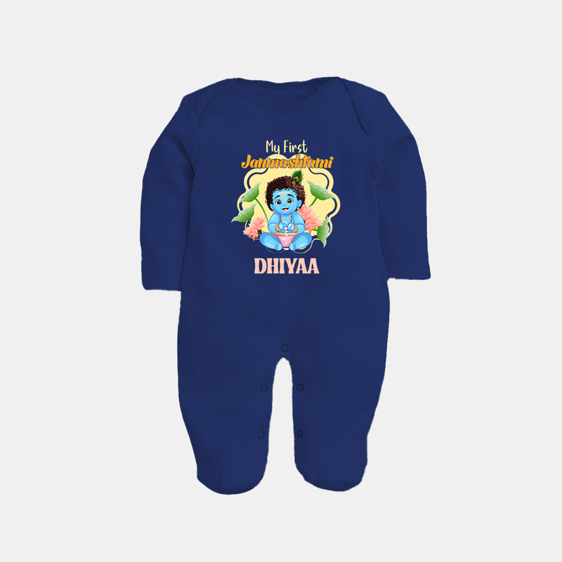 Celebrate My First Janmashtami | Custom  Sleep Suit/Full Sleeve Body Suit for Krishna's Birth - NAVY BLUE - New Born (Chest 7.5")