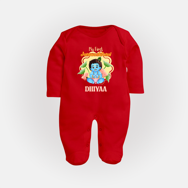 Celebrate My First Janmashtami | Custom  Sleep Suit/Full Sleeve Body Suit for Krishna's Birth - RED - New Born (Chest 7.5")