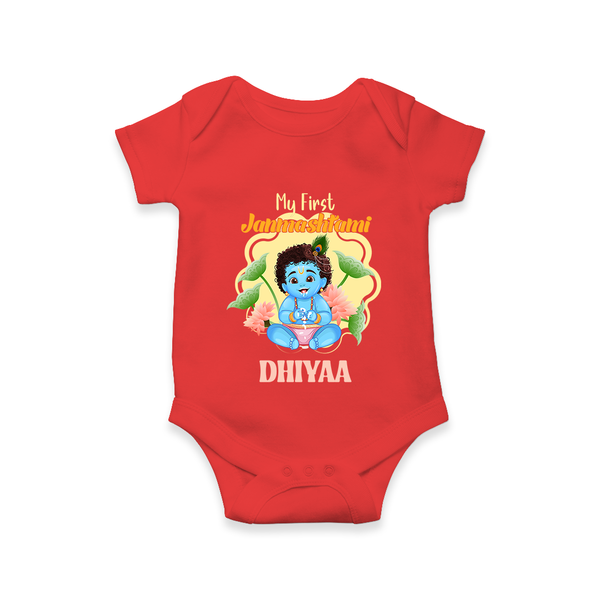 Celebrate My First Janmashtami | Custom  Romper/Onesie for Krishna's Birth - RED - New Born (Chest 14")