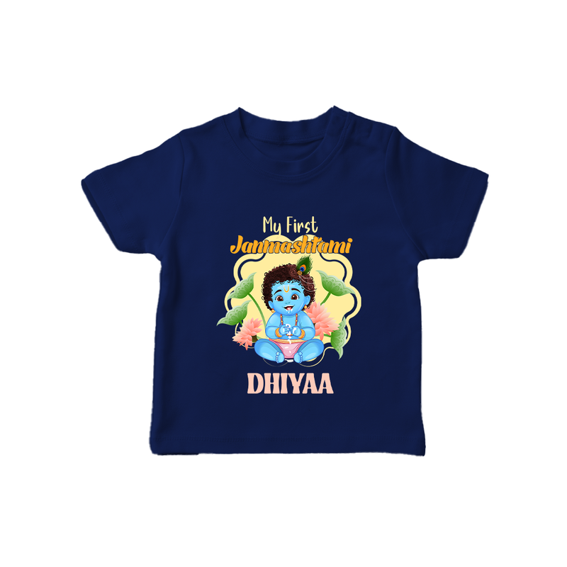 Celebrate My First Janmashtami | Custom  T-shirt for Krishna's Birth - NAVY BLUE - 0-5 Months Old (Chest 17")