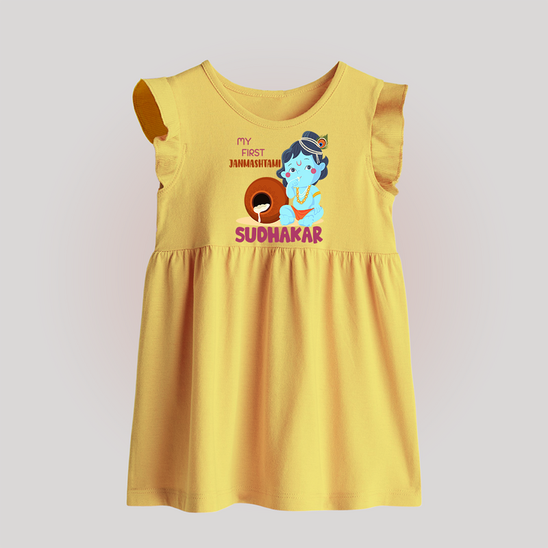 My First Janmashtami Celebration Baby Frock | Personalized Baby Outfit for Janmashtami - PASTEL YELLOW - 0 - 3 Months Old (Chest 17")