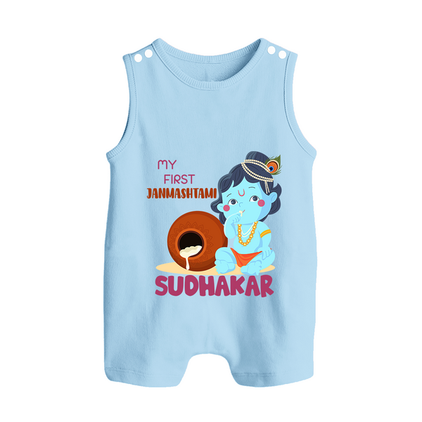 My First Janmashtami Celebration Romper Suit/Sleeveless Romper | Personalized Baby Outfit for Janmashtami - BABY BLUE - 0 - 5 Months Old (Chest 18")