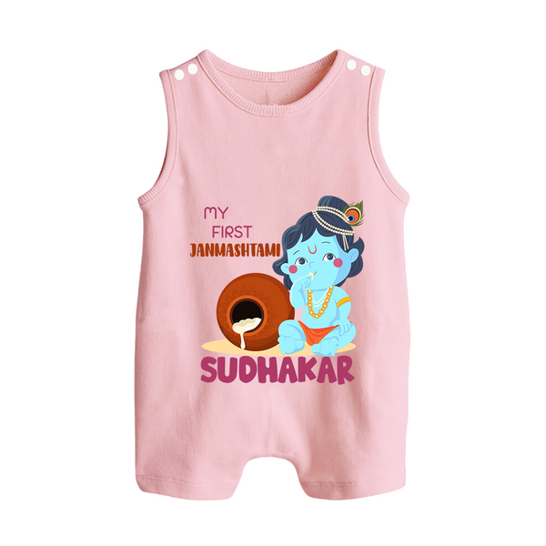 My First Janmashtami Celebration Romper Suit/Sleeveless Romper | Personalized Baby Outfit for Janmashtami - BABY PINK - 0 - 5 Months Old (Chest 18")