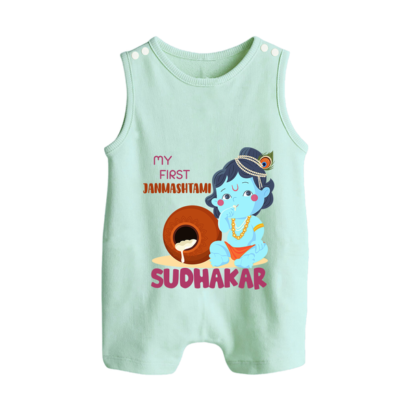 My First Janmashtami Celebration Romper Suit/Sleeveless Romper | Personalized Baby Outfit for Janmashtami - MINT GREEN - 0 - 5 Months Old (Chest 18")