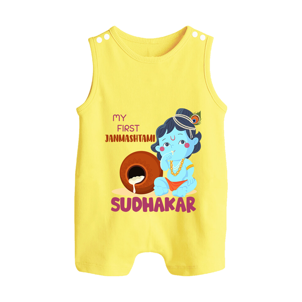 My First Janmashtami Celebration Romper Suit/Sleeveless Romper | Personalized Baby Outfit for Janmashtami - PASTEL YELLOW - 0 - 5 Months Old (Chest 18")
