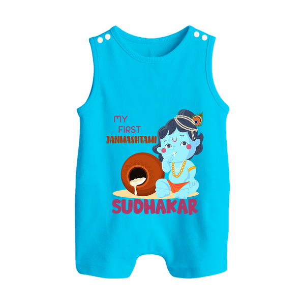My First Janmashtami Celebration Romper Suit/Sleeveless Romper | Personalized Baby Outfit for Janmashtami - SKY BLUE - 0 - 5 Months Old (Chest 18")