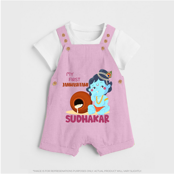 My First Janmashtami Celebration Dungaree Set | Personalized Baby Outfit for Janmashtami - BABY PINK - 0 - 5 Months Old (Chest 18")