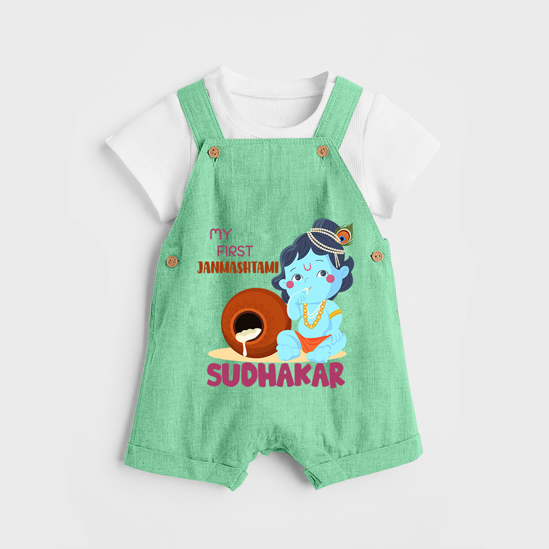 My First Janmashtami Celebration Dungaree Set | Personalized Baby Outfit for Janmashtami - GREEN - 0 - 5 Months Old (Chest 18")
