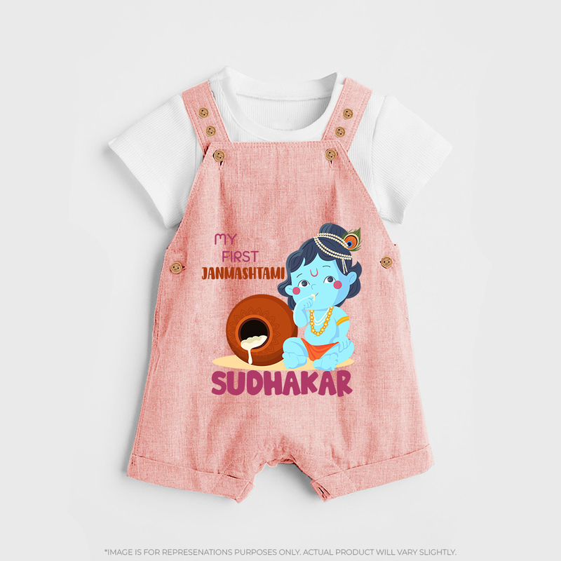 My First Janmashtami Celebration Dungaree Set | Personalized Baby Outfit for Janmashtami - PEACH - 0 - 5 Months Old (Chest 18")