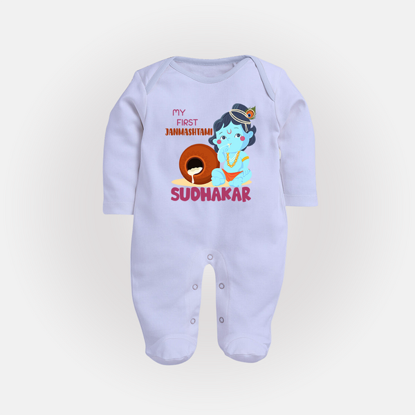 My First Janmashtami Celebration Sleep Suit/Full Sleeve Body Suit | Personalized Baby Outfit for Janmashtami - BABY BLUE - New Born (Chest 7.5")