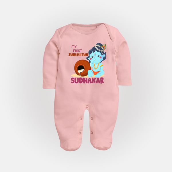 My First Janmashtami Celebration Sleep Suit/Full Sleeve Body Suit | Personalized Baby Outfit for Janmashtami - BABY PINK - New Born (Chest 7.5")