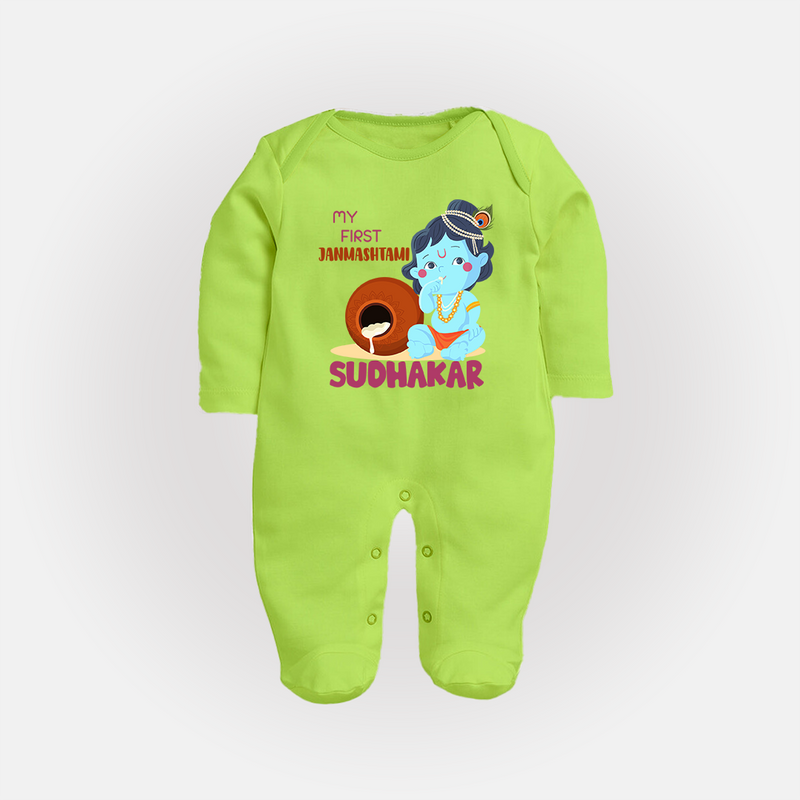 My First Janmashtami Celebration Sleep Suit/Full Sleeve Body Suit | Personalized Baby Outfit for Janmashtami - LIME GREEN - New Born (Chest 7.5")