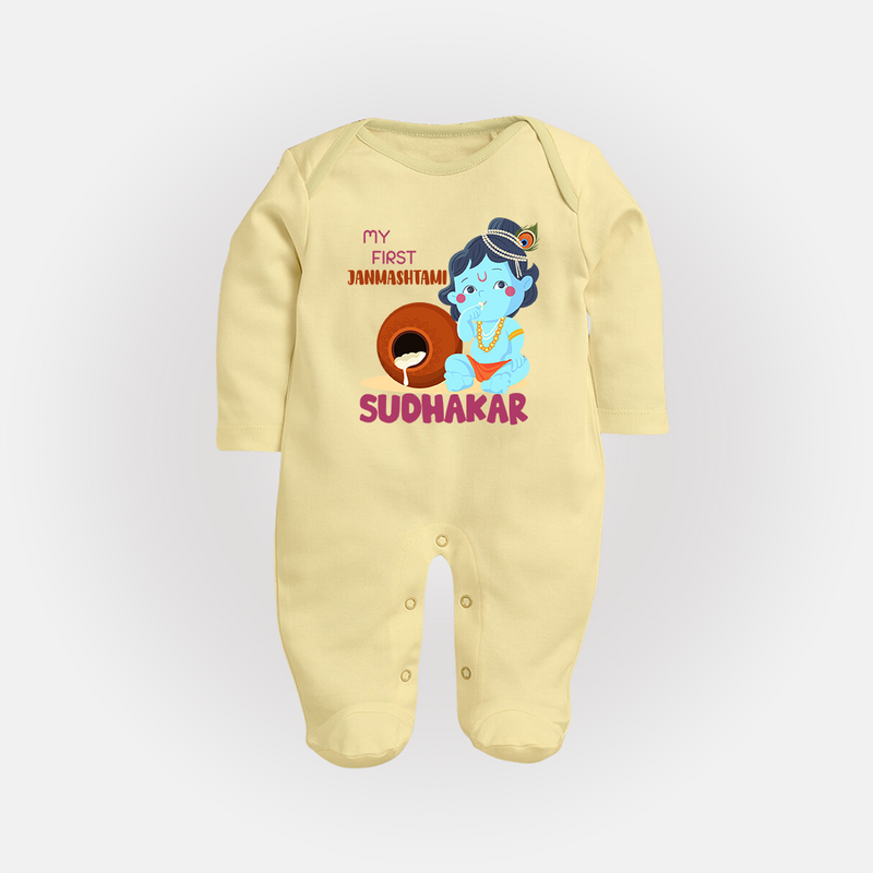 My First Janmashtami Celebration Sleep Suit/Full Sleeve Body Suit | Personalized Baby Outfit for Janmashtami - PASTEL YELLOW - New Born (Chest 7.5")
