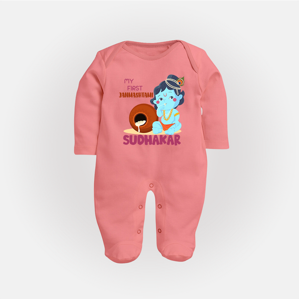 My First Janmashtami Celebration Sleep Suit/Full Sleeve Body Suit | Personalized Baby Outfit for Janmashtami - PEACH - New Born (Chest 7.5")