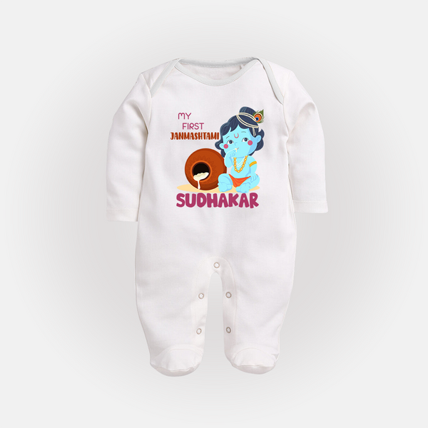 My First Janmashtami Celebration Sleep Suit/Full Sleeve Body Suit | Personalized Baby Outfit for Janmashtami - WHITE - New Born (Chest 7.5")