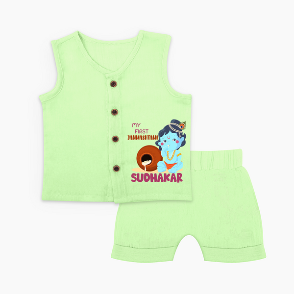 My First Janmashtami Celebration Jabla Set | Personalized Baby Outfit for Janmashtami - PASTEL GREEN - 0 - 3 Months Old (Chest 9.8")