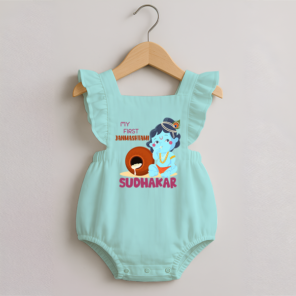 My First Janmashtami Celebration Romper Frock | Personalized Baby Outfit for Janmashtami - MINT GREEN - 0 - 3 Months Old (Chest 19")