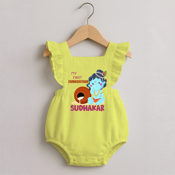 My First Janmashtami Celebration Romper Frock | Personalized Baby Outfit for Janmashtami - PASTEL YELLOW - 0 - 3 Months Old (Chest 19")