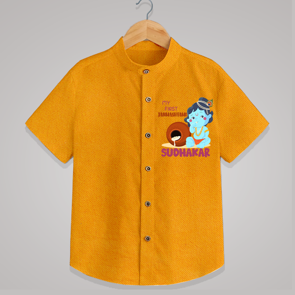 My First Janmashtami Celebration Shirt | Personalized Baby Outfit for Janmashtami - CHROME YELLOW - 0 - 6 Months Old (Chest 23")