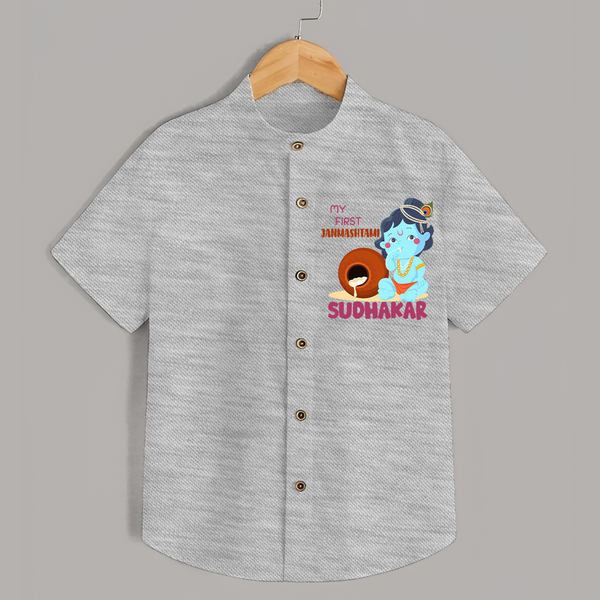 My First Janmashtami Celebration Shirt | Personalized Baby Outfit for Janmashtami - GREY - 0 - 6 Months Old (Chest 23")