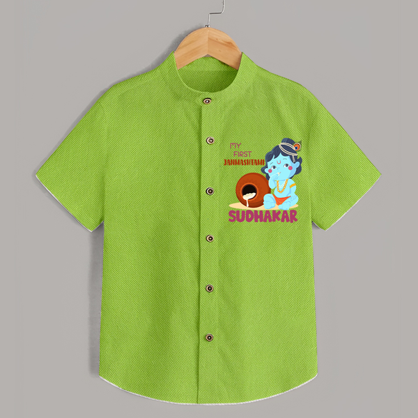 My First Janmashtami Celebration Shirt | Personalized Baby Outfit for Janmashtami - LIME GREEN - 0 - 6 Months Old (Chest 23")