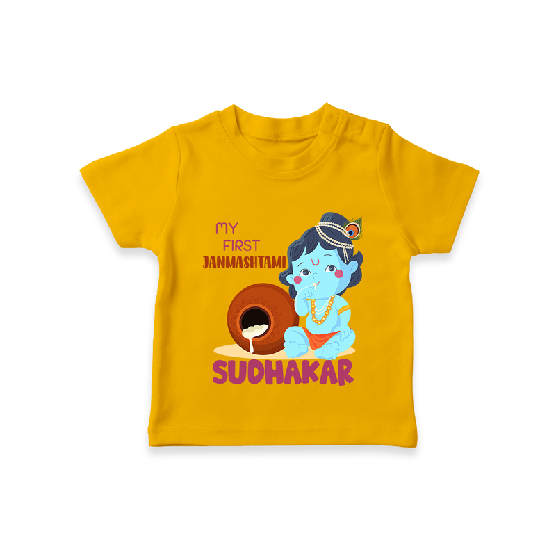 My First Janmashtami Celebration T-shirt | Personalized Baby Outfit for Janmashtami - CHROME YELLOW - 0-5 Months Old (Chest 17")