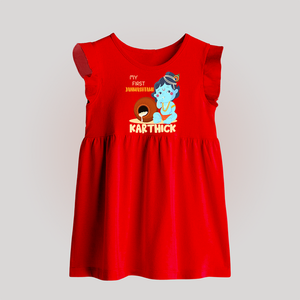 My First Janmashtami Celebration Baby Frock | Personalized Baby Outfit for Janmashtami - RED - 0 - 3 Months Old (Chest 17")