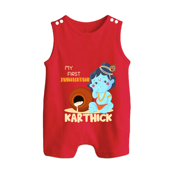 My First Janmashtami Celebration Romper Suit/Sleeveless Romper | Personalized Baby Outfit for Janmashtami - RED - 0 - 5 Months Old (Chest 18")
