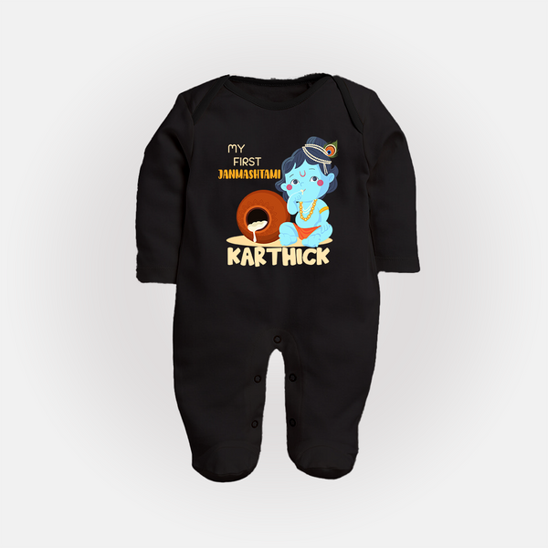 My First Janmashtami Celebration Sleep Suit/Full Sleeve Body Suit | Personalized Baby Outfit for Janmashtami - BLACK - New Born (Chest 7.5")