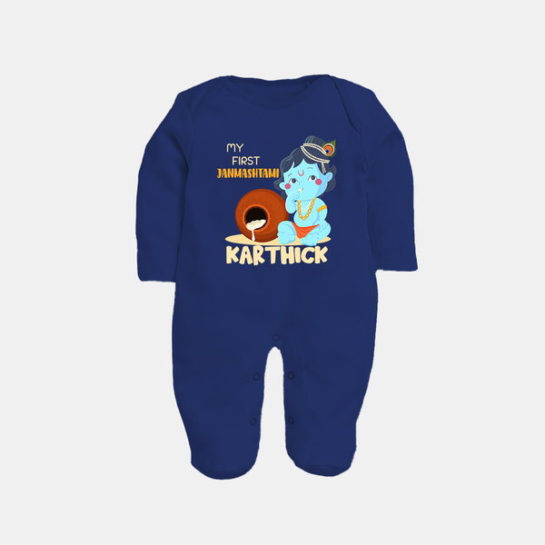 My First Janmashtami Celebration Sleep Suit/Full Sleeve Body Suit | Personalized Baby Outfit for Janmashtami - NAVY BLUE - New Born (Chest 7.5")