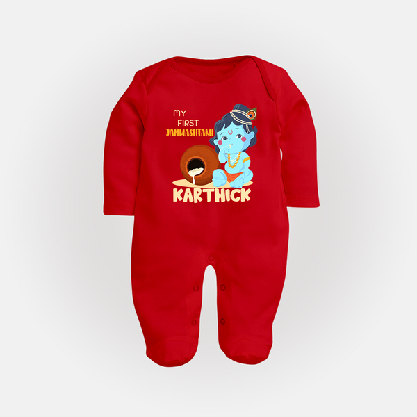 My First Janmashtami Celebration Sleep Suit/Full Sleeve Body Suit | Personalized Baby Outfit for Janmashtami - RED - New Born (Chest 7.5")