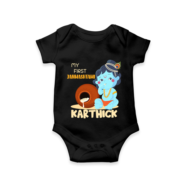 My First Janmashtami Celebration Romper/Onesie | Personalized Baby Outfit for Janmashtami - BLACK - New Born (Chest 14")