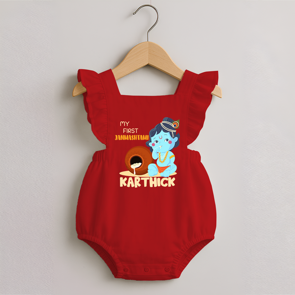 My First Janmashtami Celebration Romper Frock | Personalized Baby Outfit for Janmashtami - RED - 0 - 3 Months Old (Chest 19")