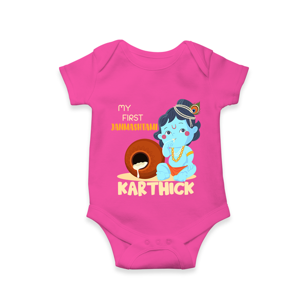 My First Janmashtami Celebration Romper/Onesie | Personalized Baby Outfit for Janmashtami - HOT PINK - New Born (Chest 14")