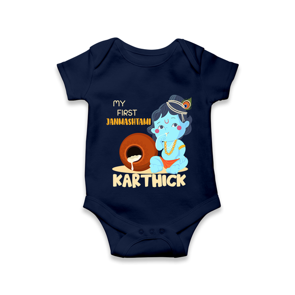 My First Janmashtami Celebration Romper/Onesie | Personalized Baby Outfit for Janmashtami - NAVY BLUE - New Born (Chest 14")