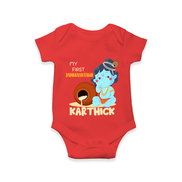 My First Janmashtami Celebration Romper/Onesie | Personalized Baby Outfit for Janmashtami - RED - New Born (Chest 14")