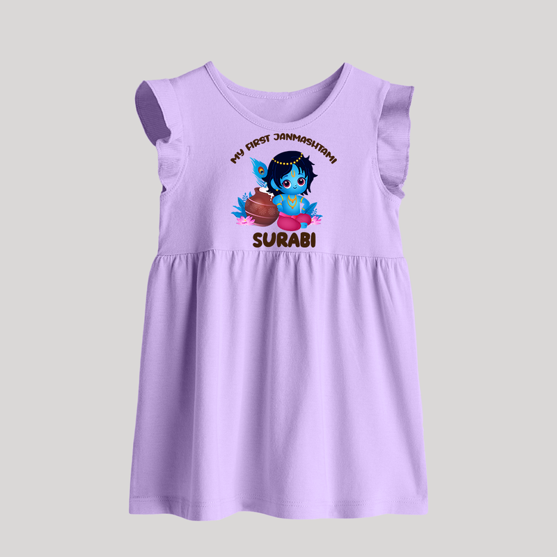 My First Janmashtami Special Baby Frock | Custom Personalized Baby Outfit - LILAC - 0 - 3 Months Old (Chest 17")