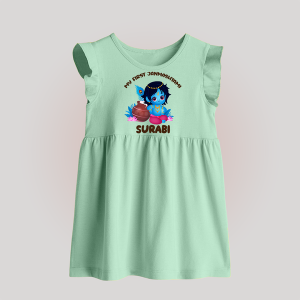 My First Janmashtami Special Baby Frock | Custom Personalized Baby Outfit - MINT GREEN - 0 - 3 Months Old (Chest 17")