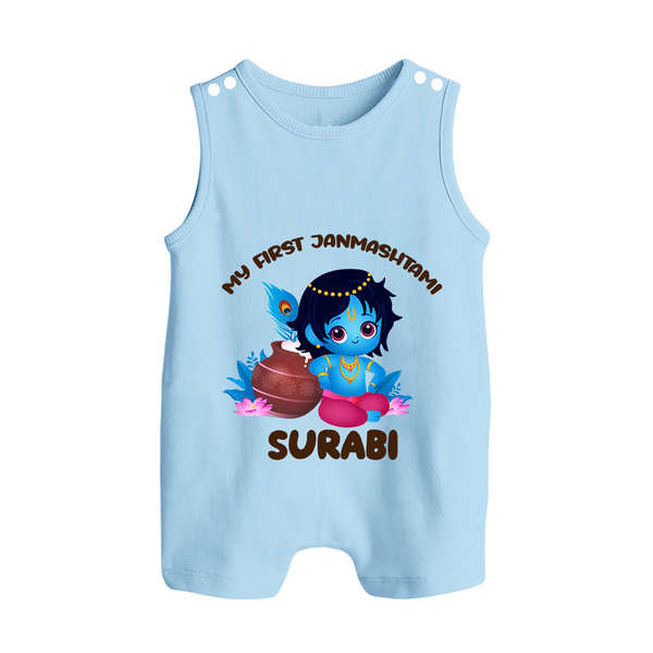 My First Janmashtami Special Romper Suit/Sleeveless Romper | Custom Personalized Baby Outfit - BABY BLUE - 0 - 5 Months Old (Chest 18")
