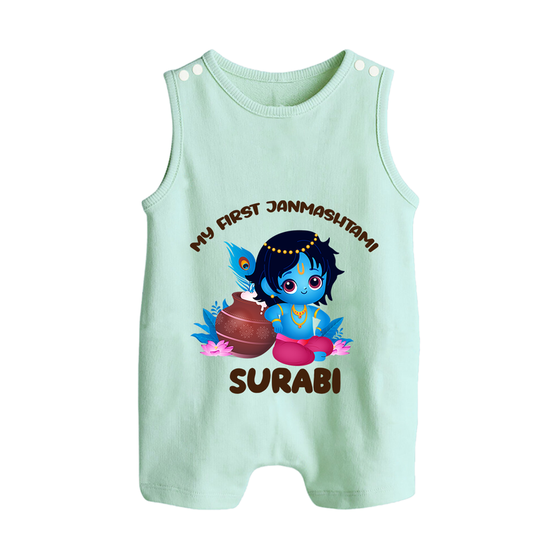 My First Janmashtami Special Romper Suit/Sleeveless Romper | Custom Personalized Baby Outfit - MINT GREEN - 0 - 5 Months Old (Chest 18")