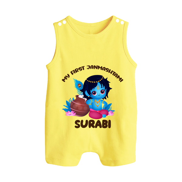 My First Janmashtami Special Romper Suit/Sleeveless Romper | Custom Personalized Baby Outfit - PASTEL YELLOW - 0 - 5 Months Old (Chest 18")