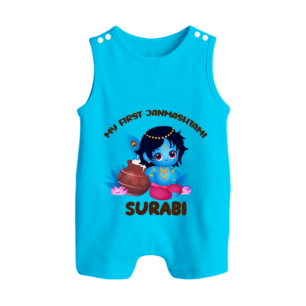 My First Janmashtami Special Romper Suit/Sleeveless Romper | Custom Personalized Baby Outfit - SKY BLUE - 0 - 5 Months Old (Chest 18")