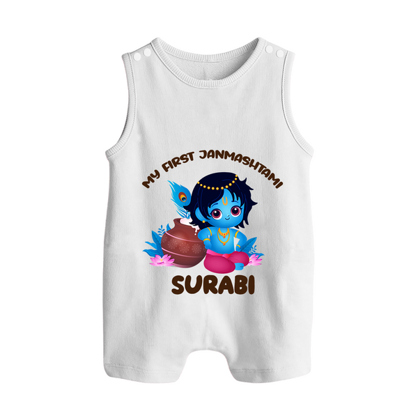 My First Janmashtami Special Romper Suit/Sleeveless Romper | Custom Personalized Baby Outfit - WHITE - 0 - 5 Months Old (Chest 18")