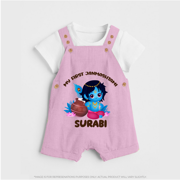 My First Janmashtami Special Dungaree Set | Custom Personalized Baby Outfit - BABY PINK - 0 - 5 Months Old (Chest 18")